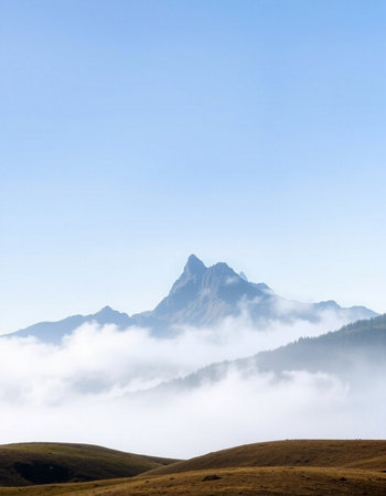 Foggy morning in the swiss alps, Switzerland.の写真素材
