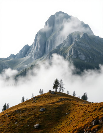 Foggy autumn landscape in the Dolomites, Italy.の写真素材