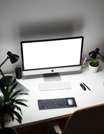 Modern workspace with blank screen computer monitor, keyboard, mouse and coffee cup.の写真素材