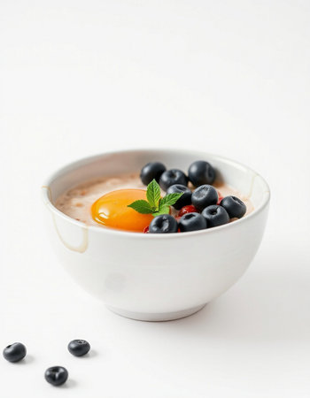 Creamy oatmeal with blueberries and egg yolk on white backgroundの写真素材
