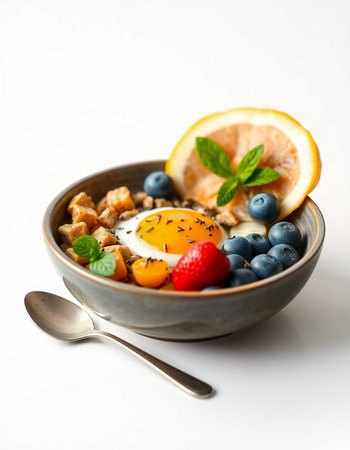 Healthy breakfast with oatmeal, berries, fruits and egg on white backgroundの写真素材