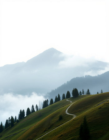 Mountain landscape with fog and cloudy sky. Caucasus Mountains, Georgia.の写真素材