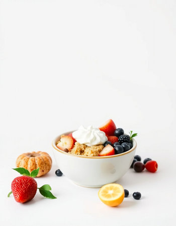 Healthy breakfast with oatmeal and fresh berries on white backgroundの写真素材