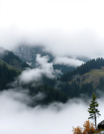 Mountain landscape with clouds and fog. View from the top of the mountain.の写真素材