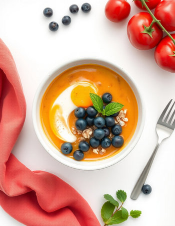 Pumpkin soup with blueberries and yoghurtの写真素材