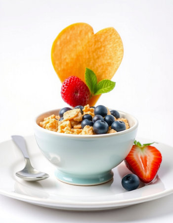 Healthy breakfast with cornflakes and berries on a white backgroundの写真素材