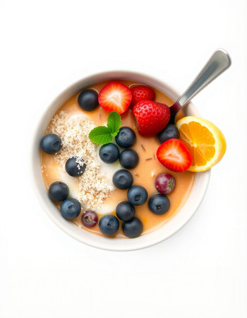 Healthy breakfast bowl with oatmeal, berries and fruits isolated on white backgroundの写真素材