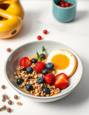 Healthy breakfast with oatmeal, berries and egg on white tableの写真素材