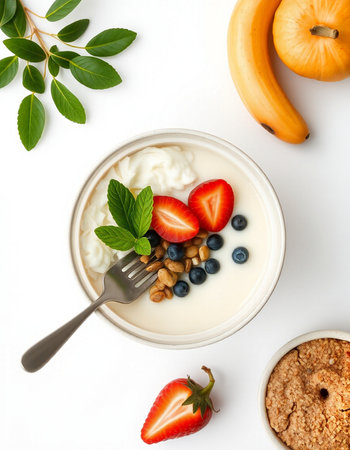 Healthy breakfast with yoghurt and fresh berries on white backgroundの写真素材