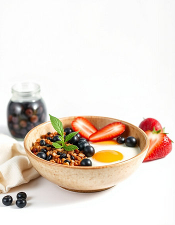 Healthy breakfast with oatmeal, berries and egg in bowl on white backgroundの写真素材