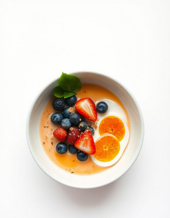 Yogurt with strawberries, blueberries and oranges on white backgroundの写真素材