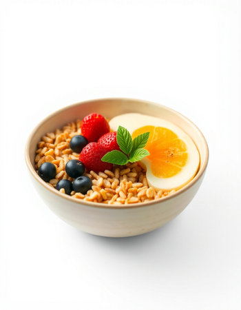 Healthy breakfast with oatmeal and berries isolated on white background.の写真素材