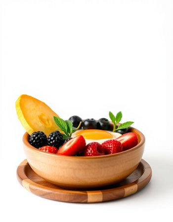 Fruit salad in a wooden bowl isolated on a white background.の写真素材