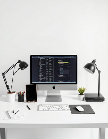 Modern workspace with computer, tablet and other objects. 3d renderの写真素材