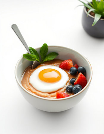 Creamy oatmeal with strawberry, blueberry and egg in a bowlの写真素材