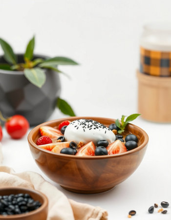 Healthy breakfast bowl with berries, yoghurt and black sesame seedsの写真素材