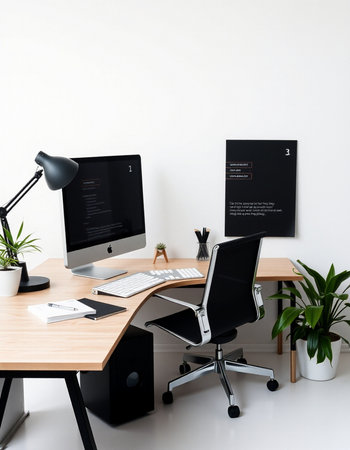Modern office interior with computer, desk, lamp and plant. 3d renderの写真素材