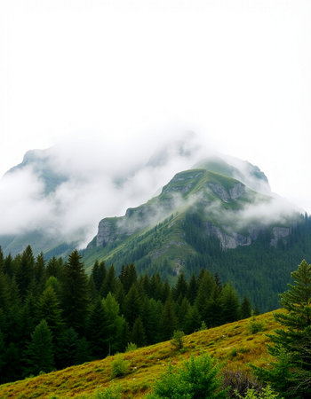 Mountain landscape with fog in the summer. Caucasus, Russia.の写真素材