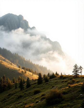 Mountain landscape with pine trees and fog in Dolomites, Italyの写真素材