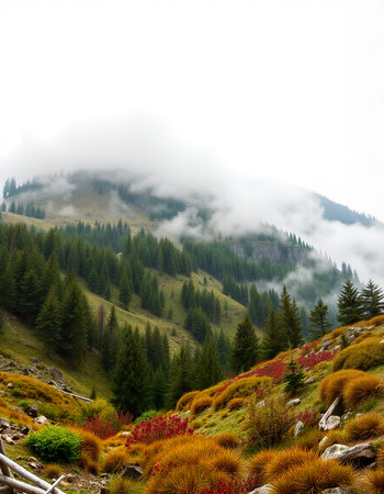 Foggy autumn landscape in the mountains. Caucasus, Russia.の写真素材