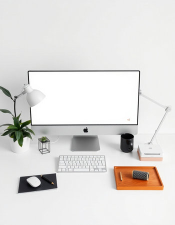 Modern workspace with computer, stationery and decorations on white background.
