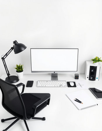 Minimalistic workspace with computer, keyboard, mouse, headphones, notebook and other items. Mock...