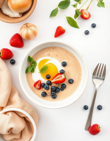 Healthy breakfast. Oatmeal porridge with strawberries, blueberries and egg on white background.の写真素材