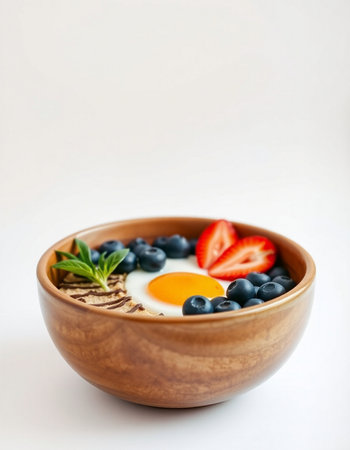 Healthy breakfast with omelet and fresh berries in wooden bowlの写真素材
