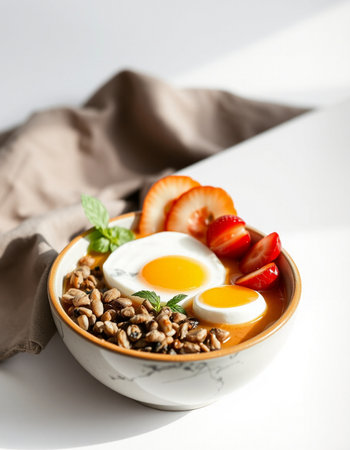 Healthy breakfast with oatmeal, strawberries and eggs in bowl on white backgroundの写真素材