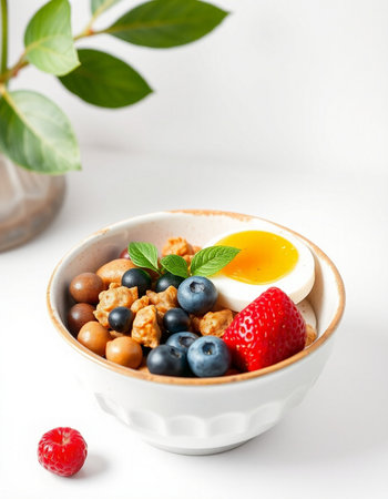 Healthy breakfast with oatmeal, fresh berries and egg on white backgroundの写真素材