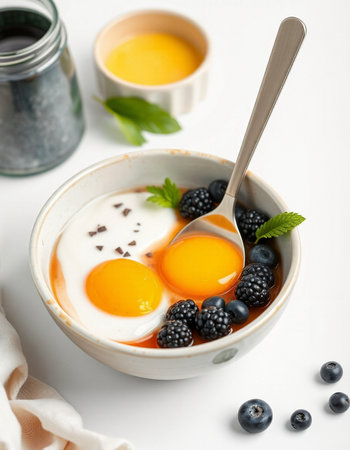 Breakfast with fresh berries and eggs on a white backgroundの写真素材