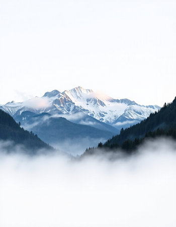 Beautiful mountain landscape with fog in the morningの写真素材