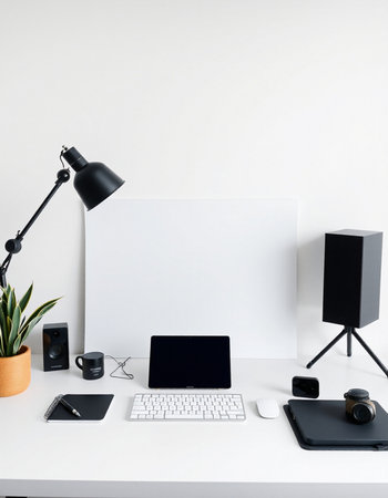 Modern workspace with blank white poster, computer, mobile phone and office supplies. Mock upの写真素材