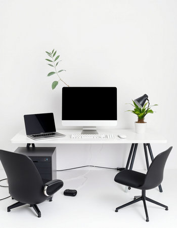 Modern workplace with computer and accessories. White background. 3D rendering.の写真素材