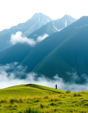 Mountain landscape with fog and clouds in the morning. Caucasus, Russiaの写真素材