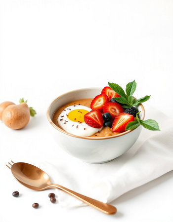 Healthy breakfast bowl with yogurt, berries and eggs on white backgroundの写真素材
