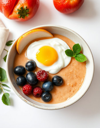 Breakfast bowl with omelet, berries and yoghurtの写真素材