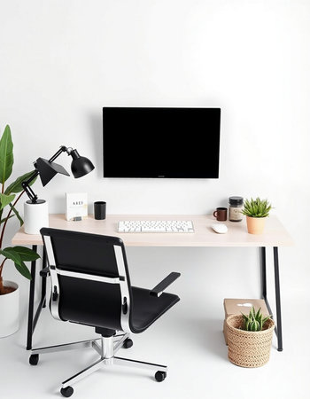Modern workspace with computer, coffee cup, plant, lamp and other items. Mock upの写真素材