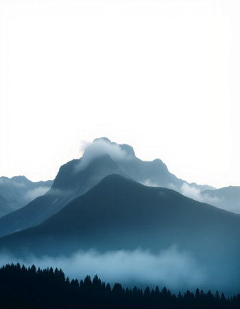 Silhouette of a mountain range with fog in the morning.の写真素材