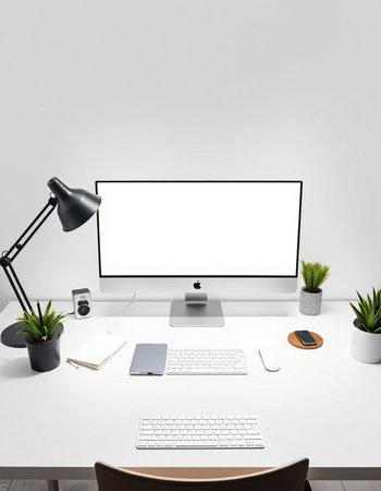 Modern workspace with blank screen computer on white desk. Mock up, 3D Renderingの写真素材