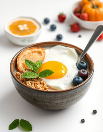 Breakfast with oatmeal, berries and fried egg on white backgroundの写真素材