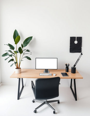 Workplace with computer, supplies and potted plant in modern office interiorの写真素材