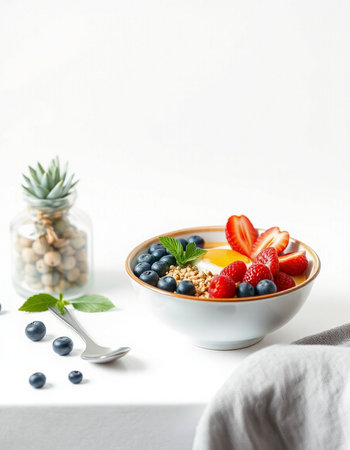 Healthy breakfast with muesli, fresh berries and yogurt on white backgroundの写真素材