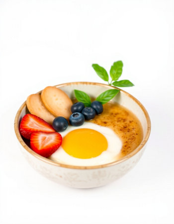 Fried eggs in a bowl with berries and cookies on a white backgroundの写真素材