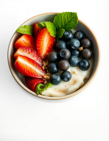 Yogurt with strawberries, blueberries and mint on white backgroundの写真素材