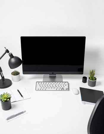 Modern workspace with blank computer screen, supplies and decorations. 3D Renderingの写真素材