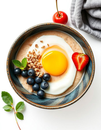 Oatmeal porridge with fresh berries and egg in bowl on white backgroundの写真素材