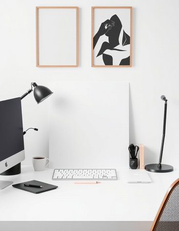 Minimalistic workplace with computer, coffee cup, notebook and other items on white tableの写真素材