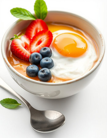 Yogurt with fresh berries and egg yolk on white backgroundの写真素材