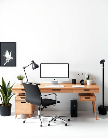 Interior of modern office with white walls, concrete floor, wooden desk with computer, black armchair, coffee table, lamp and plant. 3d renderの写真素材
